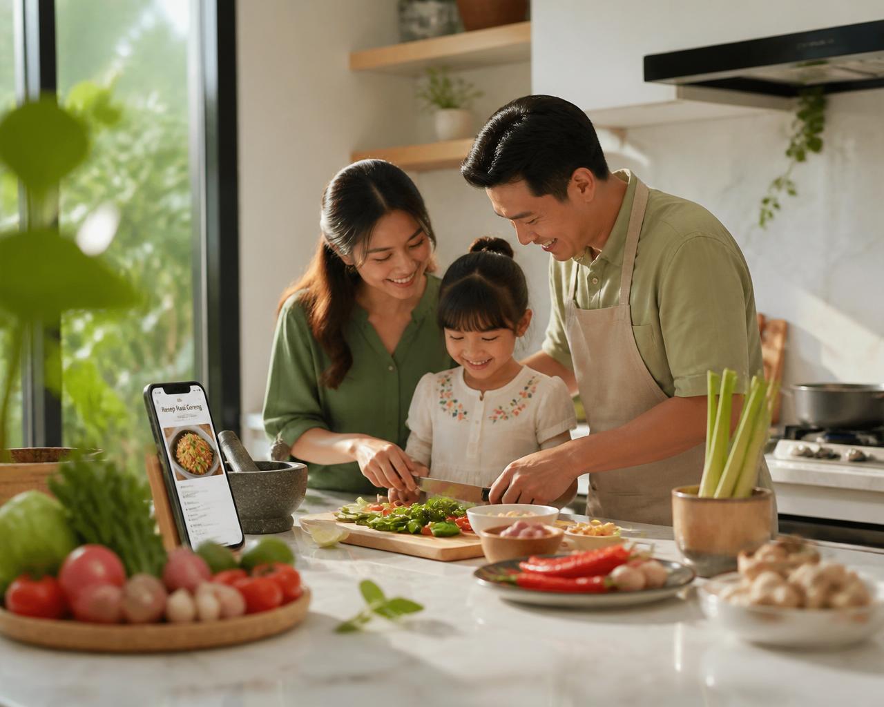 Keluarga memasak bersama di dapur modern sambil melihat aplikasi resep